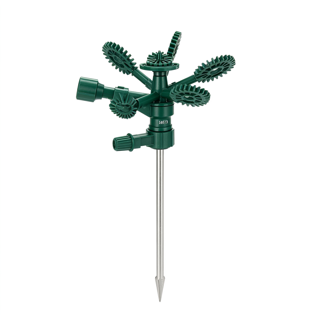 RootedTool H2O-Six Gear-Drive Sprinkler on Metal T-Spike - Customizable Lawn Watering Coverage - Multi-Pattern Rotating Head with Adjustable Spray Range - Durable Outdoor Yard Irrigation Sprinkler - 58573