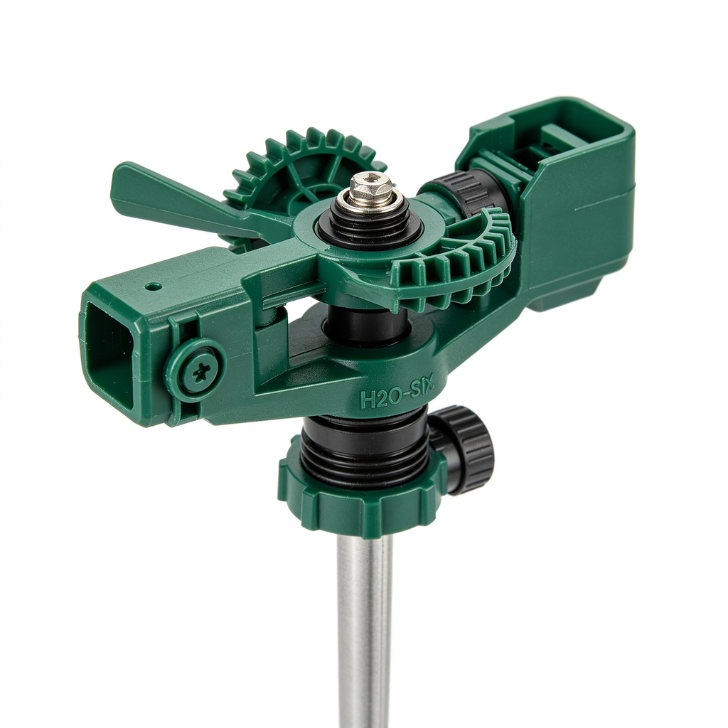 RootedTool H2O-Six Gear-Drive Sprinkler on Metal T-Spike - Customizable Lawn Watering Coverage - Multi-Pattern Rotating Head with Adjustable Spray Range - Durable Outdoor Yard Irrigation Sprinkler - 58573