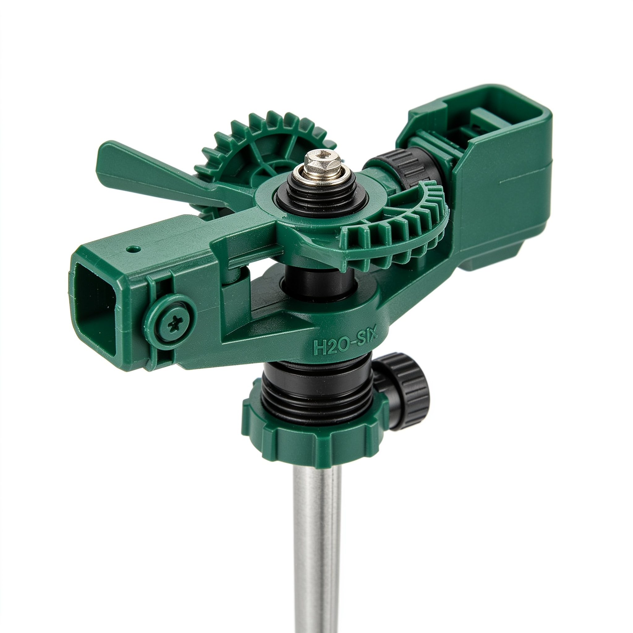 RootedTool H2O-Six Gear-Drive Sprinkler on Metal T-Spike - Customizable Lawn Watering Coverage - Multi-Pattern Rotating Head with Adjustable Spray Range - Durable Outdoor Yard Irrigation Sprinkler - 58573